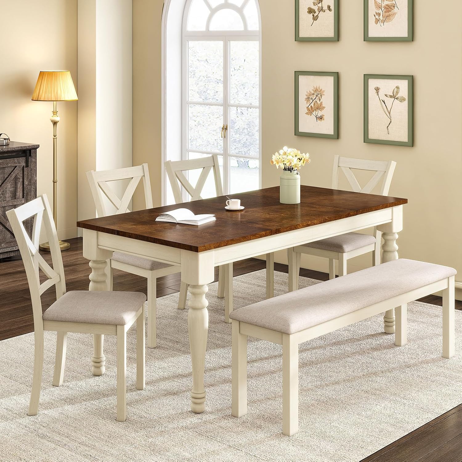 LUXOAK 6-Piece Solid Wood Dining Table Set 60'' Farmhouse Wood Kitchen Chairs Set